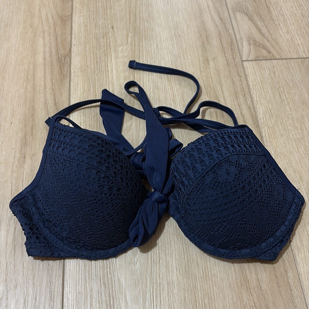 Aerie Bridget Push Up Bikini Top Navy Blue 34C Crochet Tie